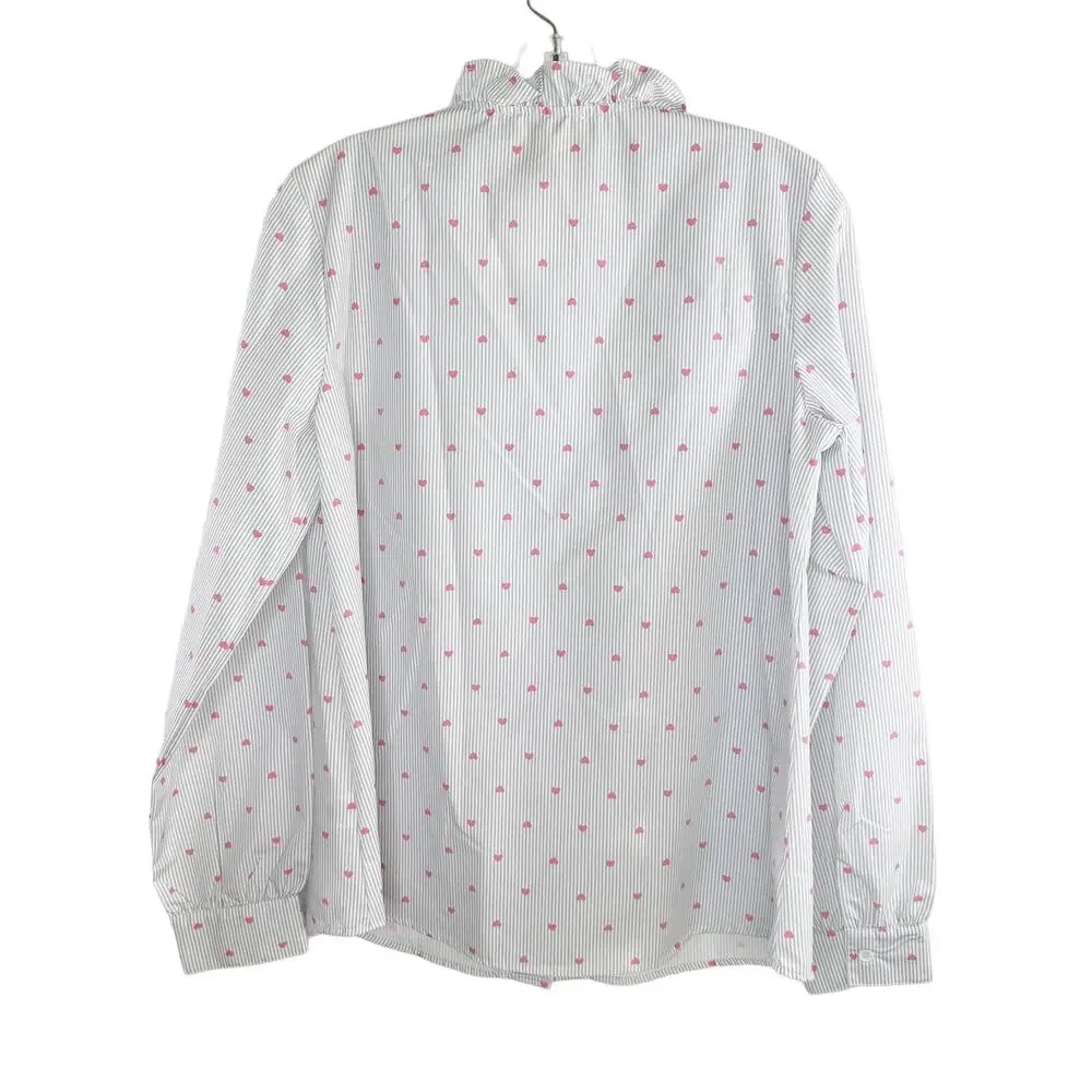 Long Sleeve Cotton Button Up Blouse White Gray Pinstripe Heart Ruffle Small - Picture 8 of 10